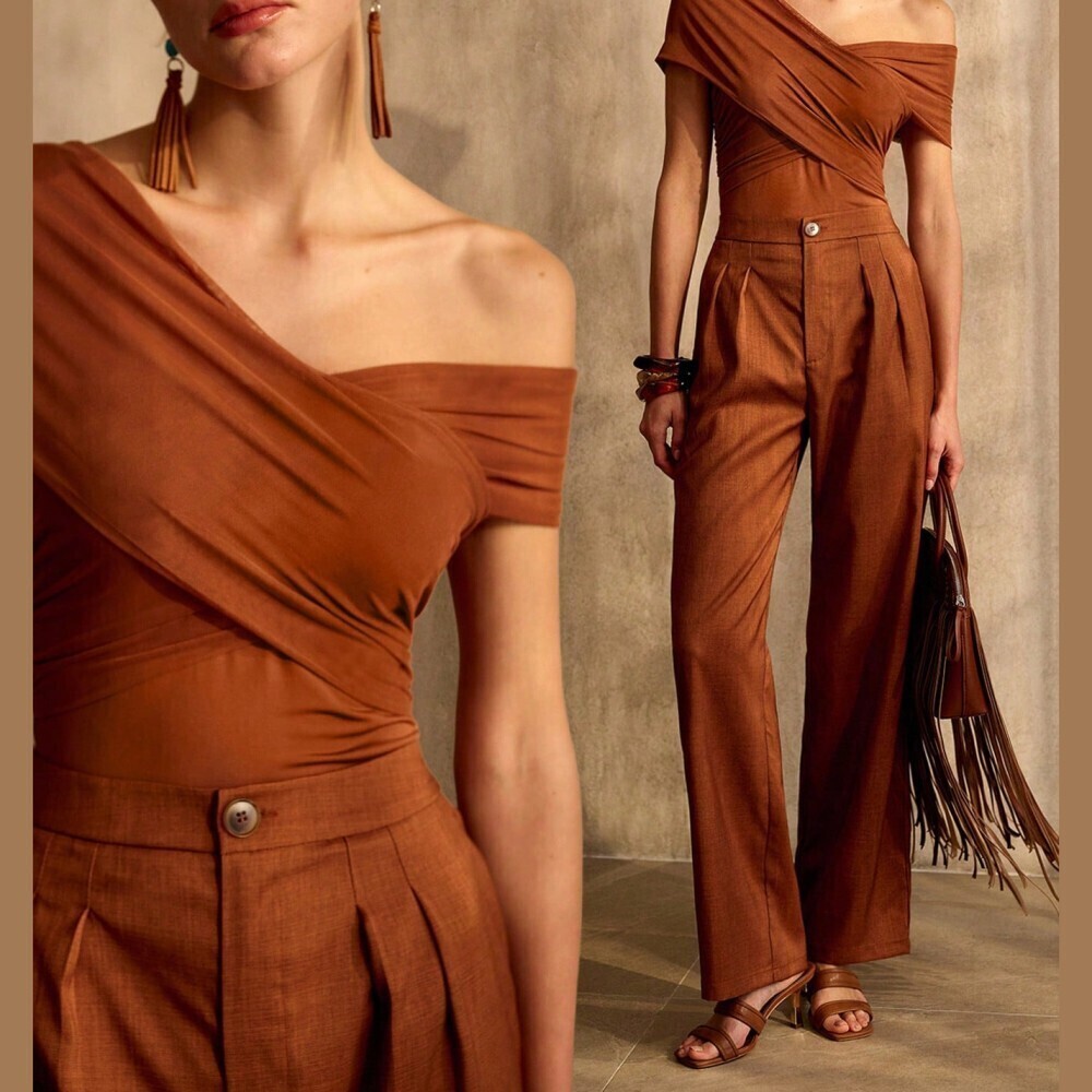Rust Brown Draped Mesh Off Shoulder Ruched Long Sleeve Top
